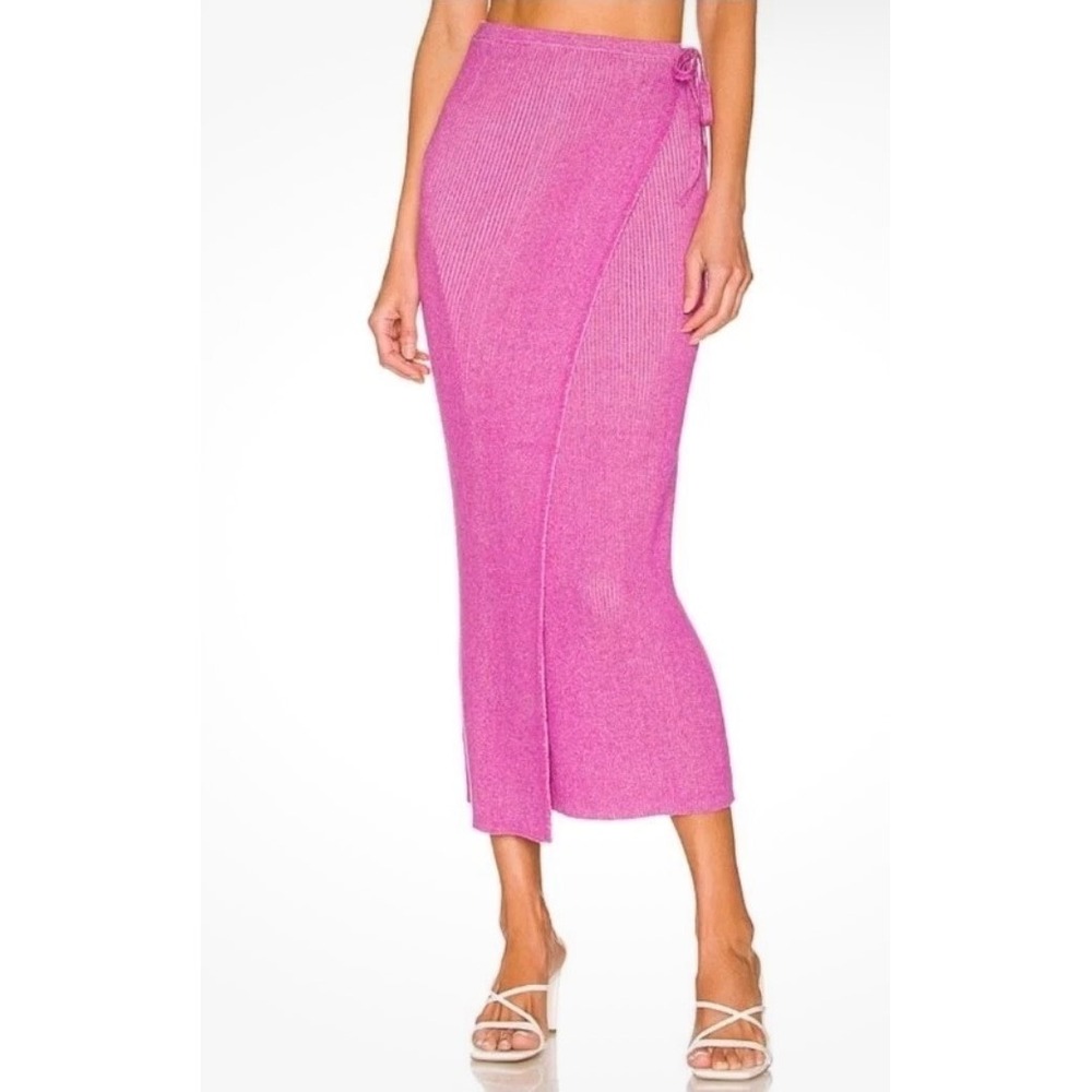 Free People Borderline Ribbed Knit Midi Wrap Pencil Skirt Orchid Pink L Side Tie